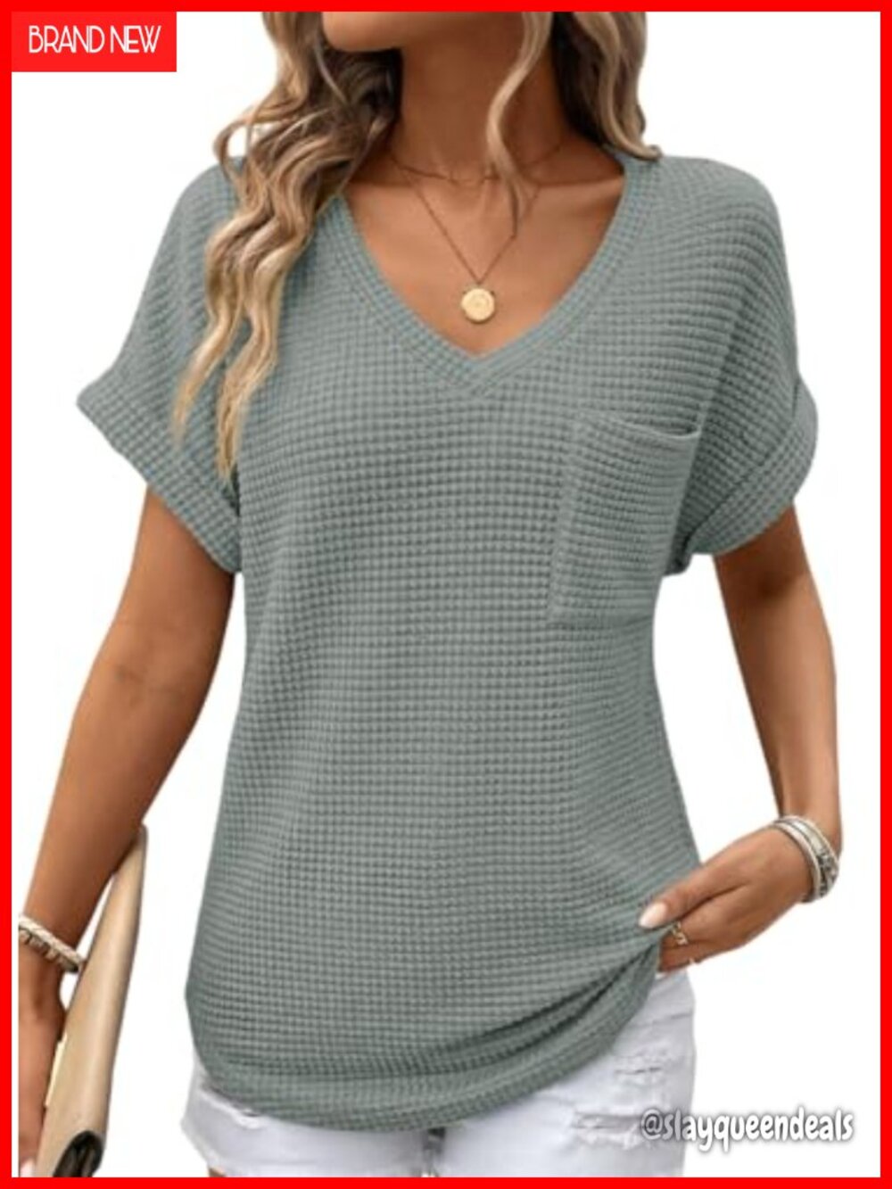 Waffle Knit V-Neck Short Sleeve Tee Loose Fit Pullover Top